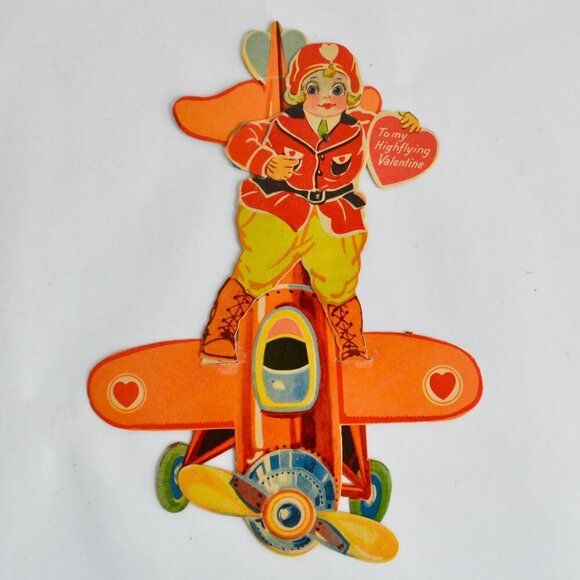 Vintage 1920s 1930s Mechanical Articulating Valentine Card Airplane Pilot - Picture 1 of 10